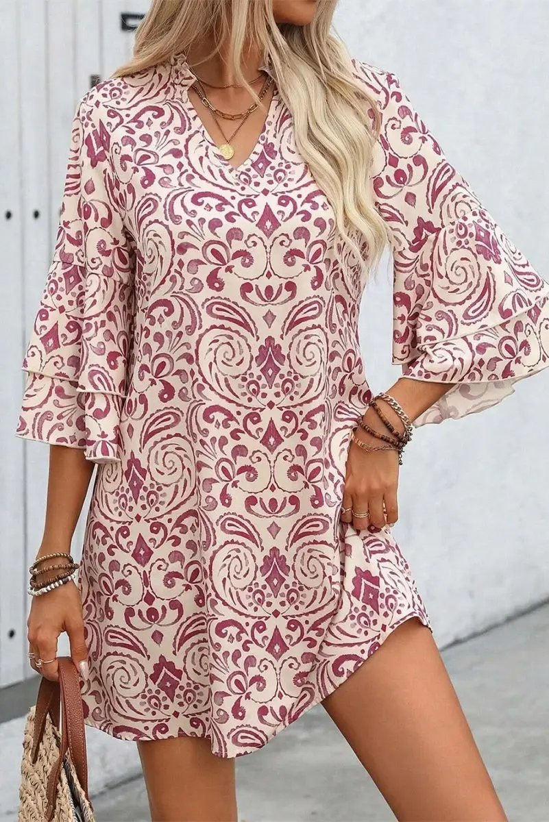 Pink Paisley Print Tiered 3/4 Sleeve Notched Neck Mini Dress - Love Salve